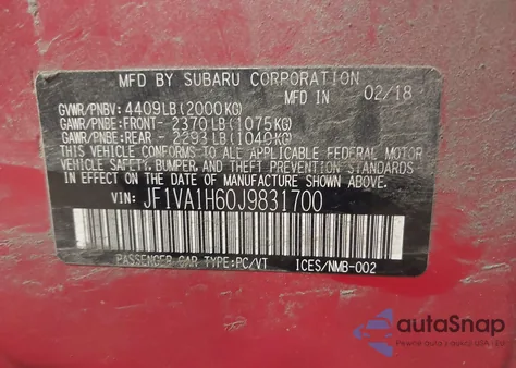 2018 Subaru Wrx Limited from USA, damaged, VIN JF1VA1H60J9831700